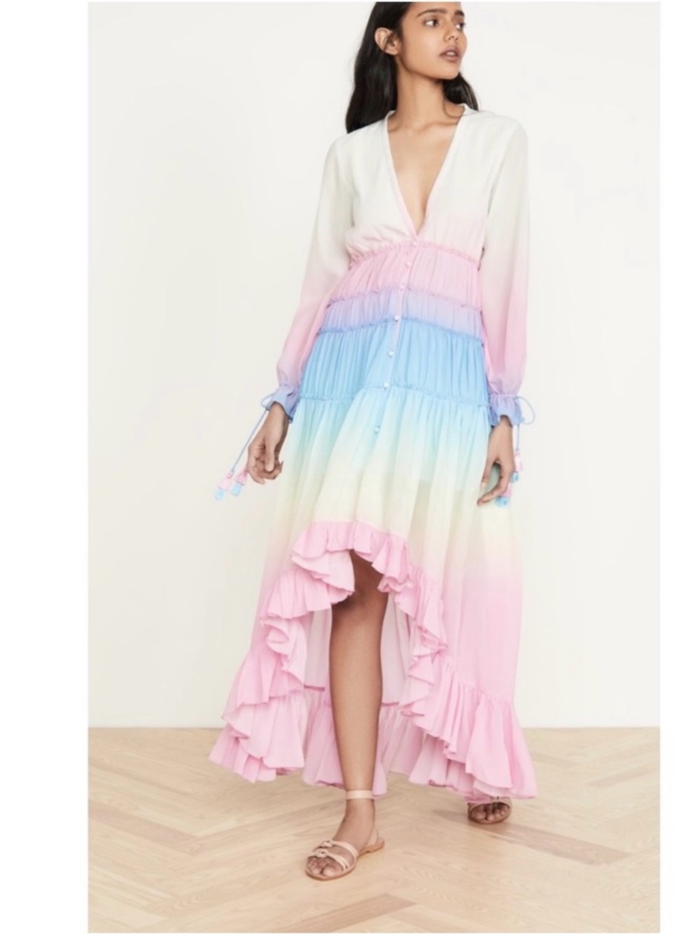 Rococo Sand Ciel Pastel Ombré Boho Tiered Ruffle Maxi Dress, Large